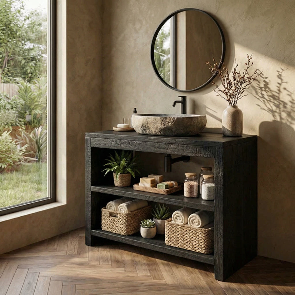 Custom Live Edge Wood Bathroom Vanity Cabinet, With or Without Sink in Black finish