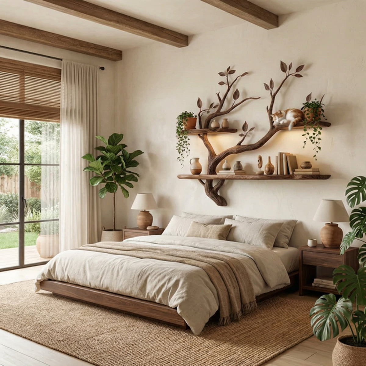 Compact Wood Tree Branch Floating Bookcase for Small Walls in Walnut finish