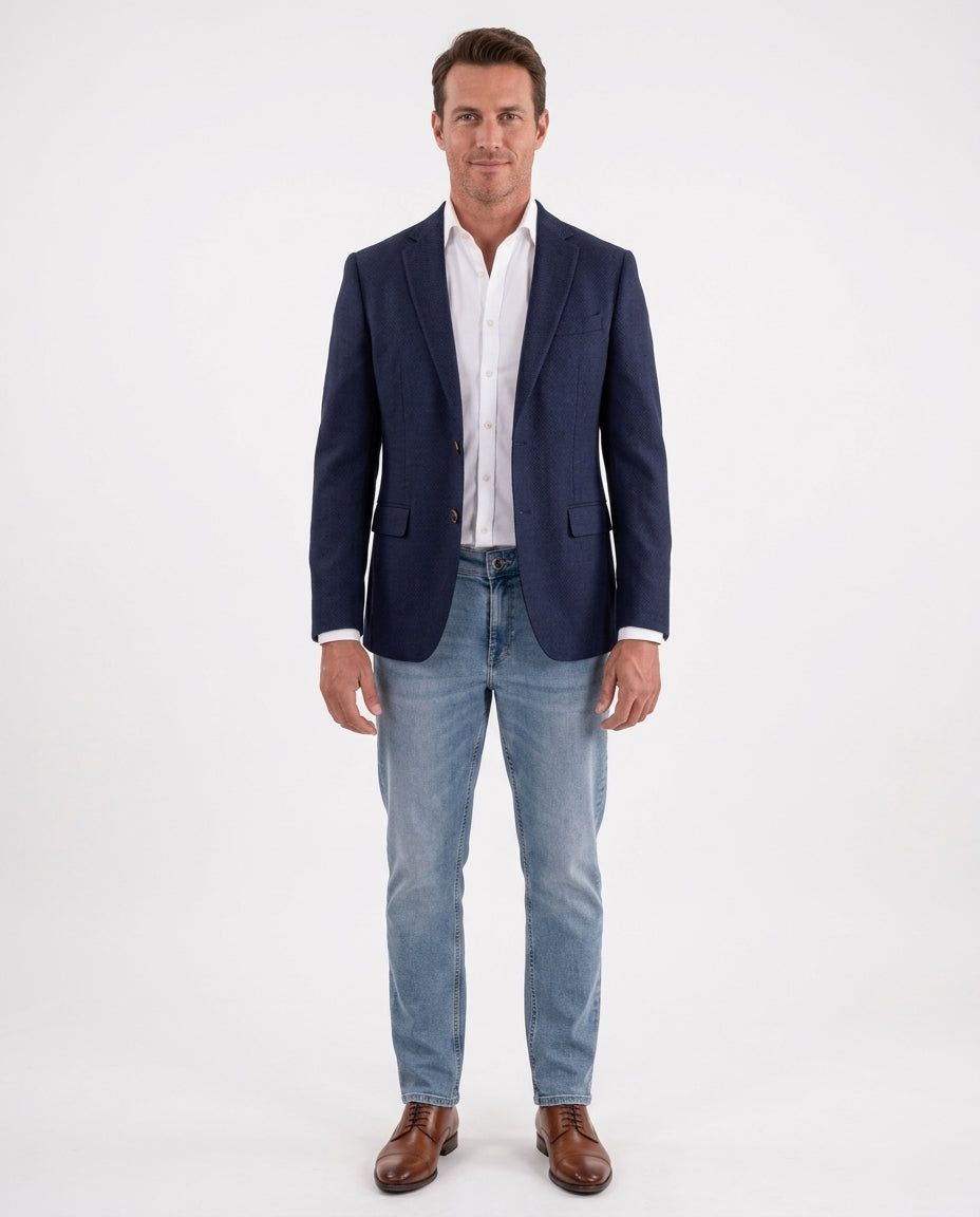 Men's Solid Navy Blue Textured Wool Regular Fit Blazer Sport Coat