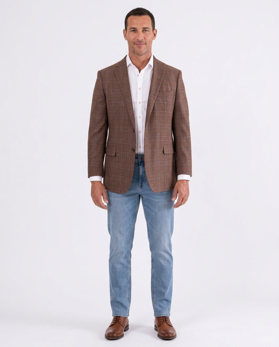 Men's Brown Plaid Wool Regular Fit Blazer Sport Coat
