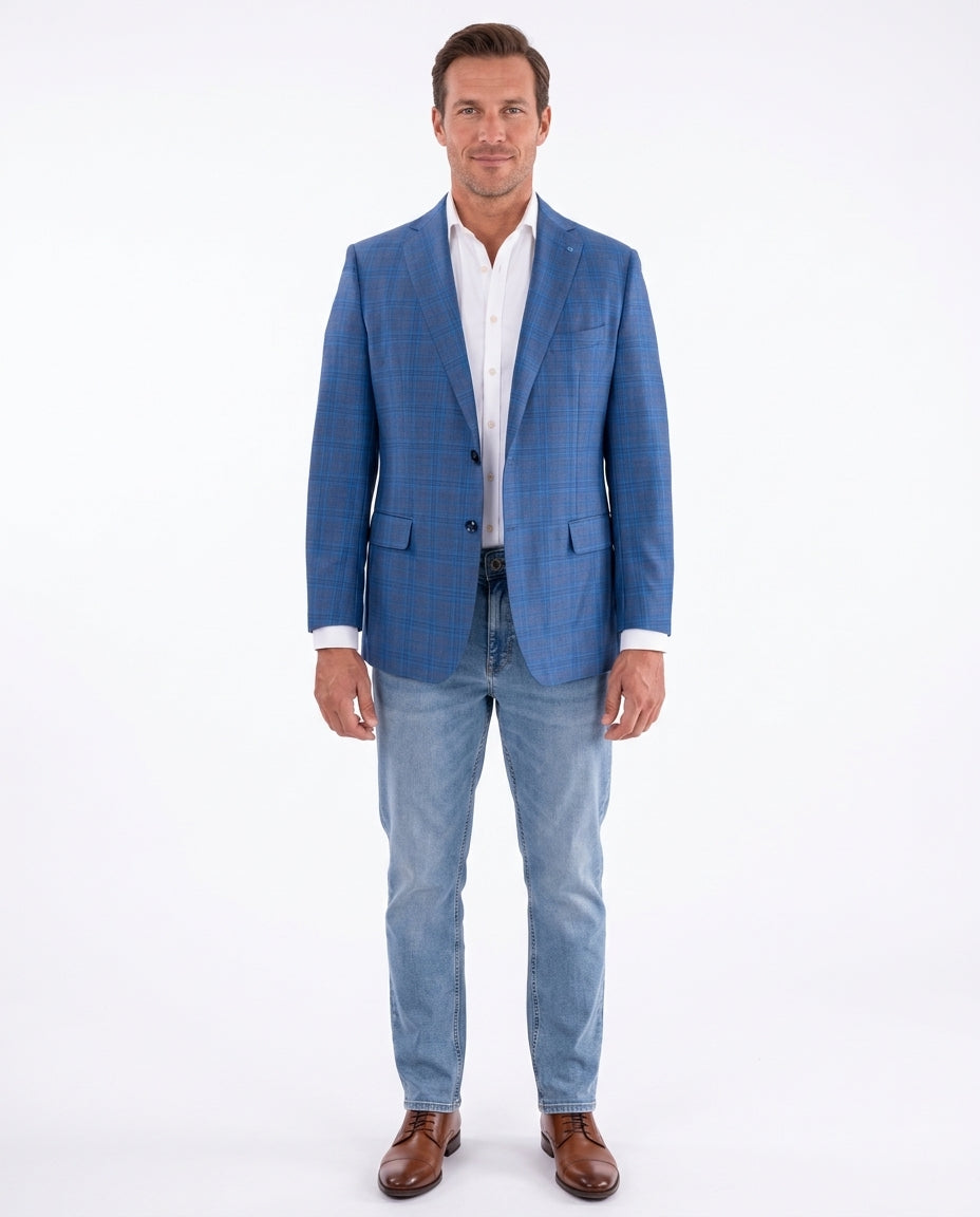 Men's Blue Plaid Regular Fit Wool Blazer Sport Coat