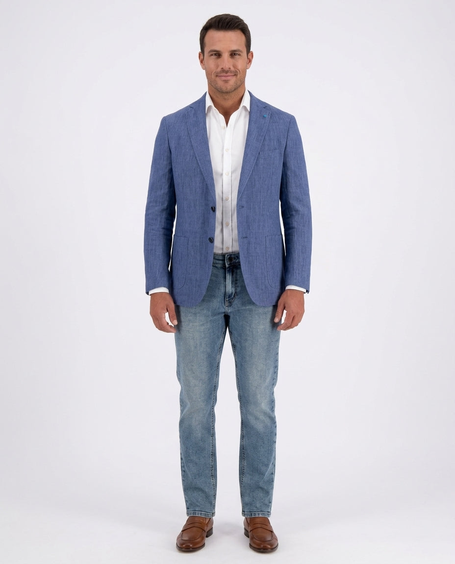 Men's Blue Linen Regular Fit 1/4 Lined Blazer Sport Coat