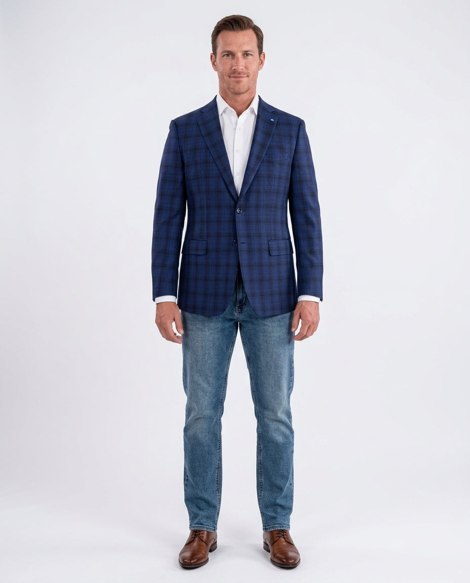 Men's Blue & Black Plaid Wool Regular Fit Blazer Sport Coat