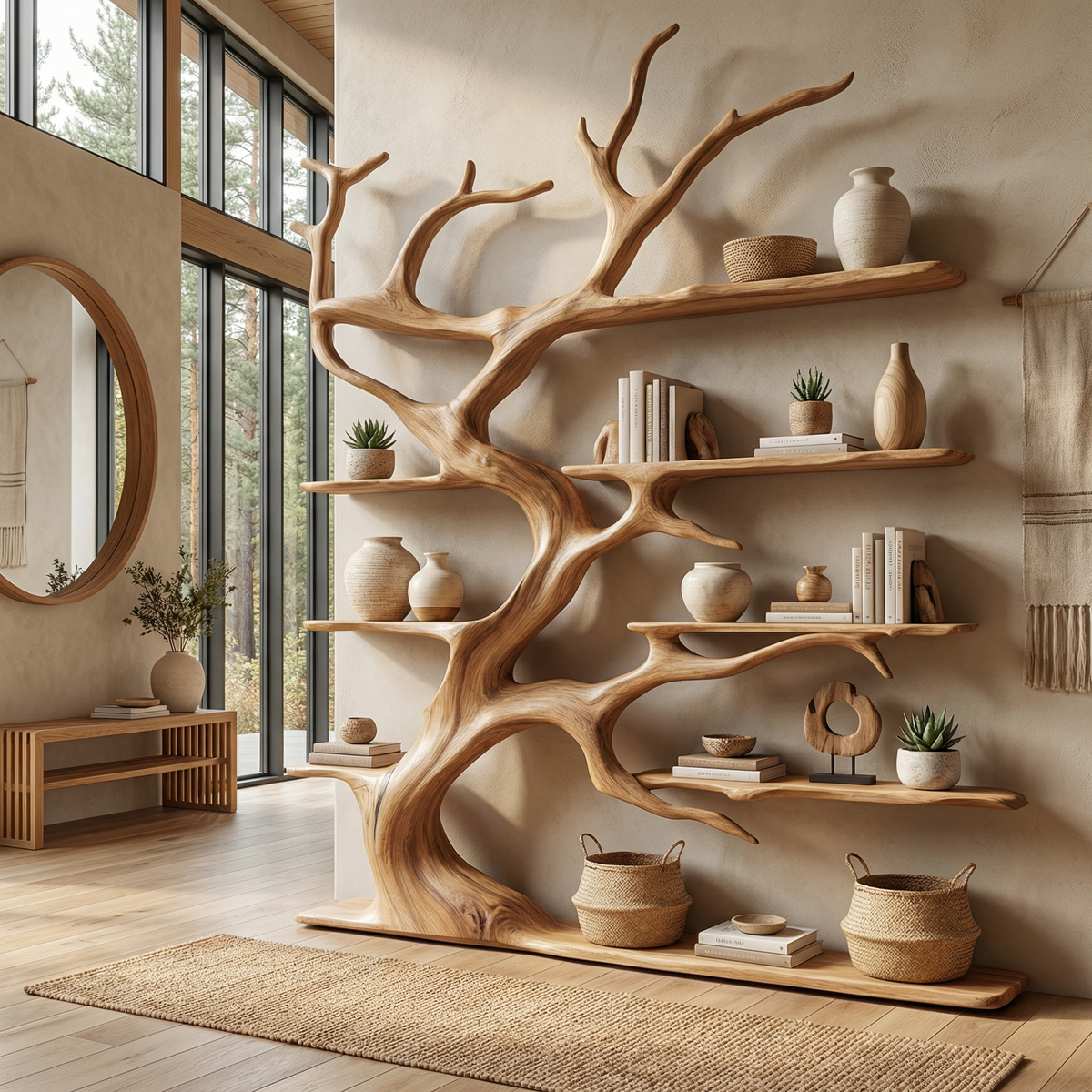 Rustic Tree Branch Bookshelf for Living Room Display in Oak finish