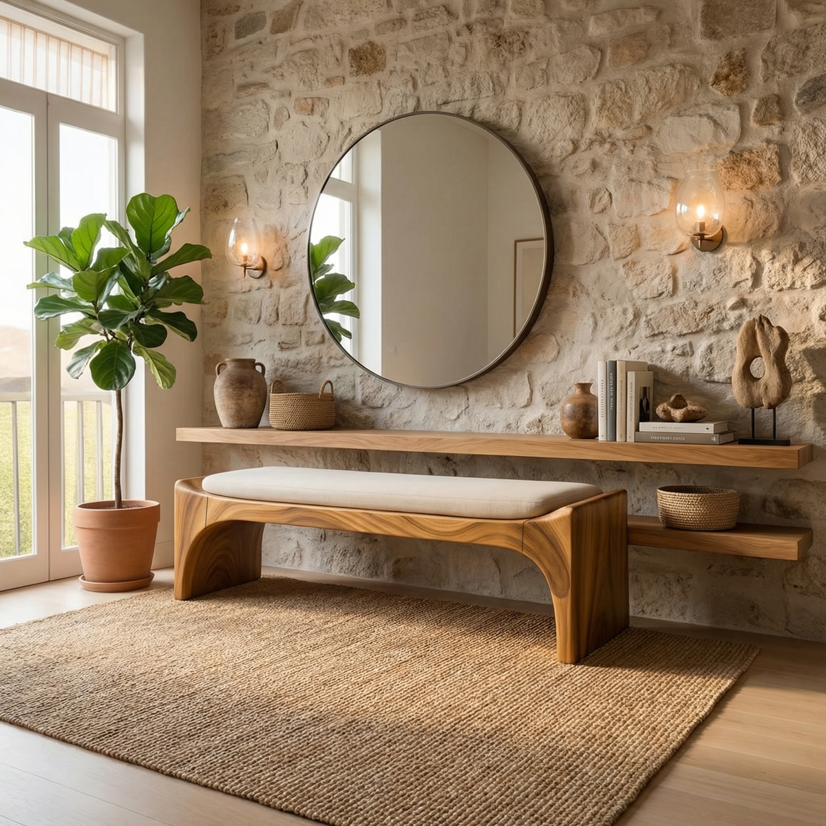 Mid-Century Modern Solid Wood Bench with Seat Cushion in Brown finish