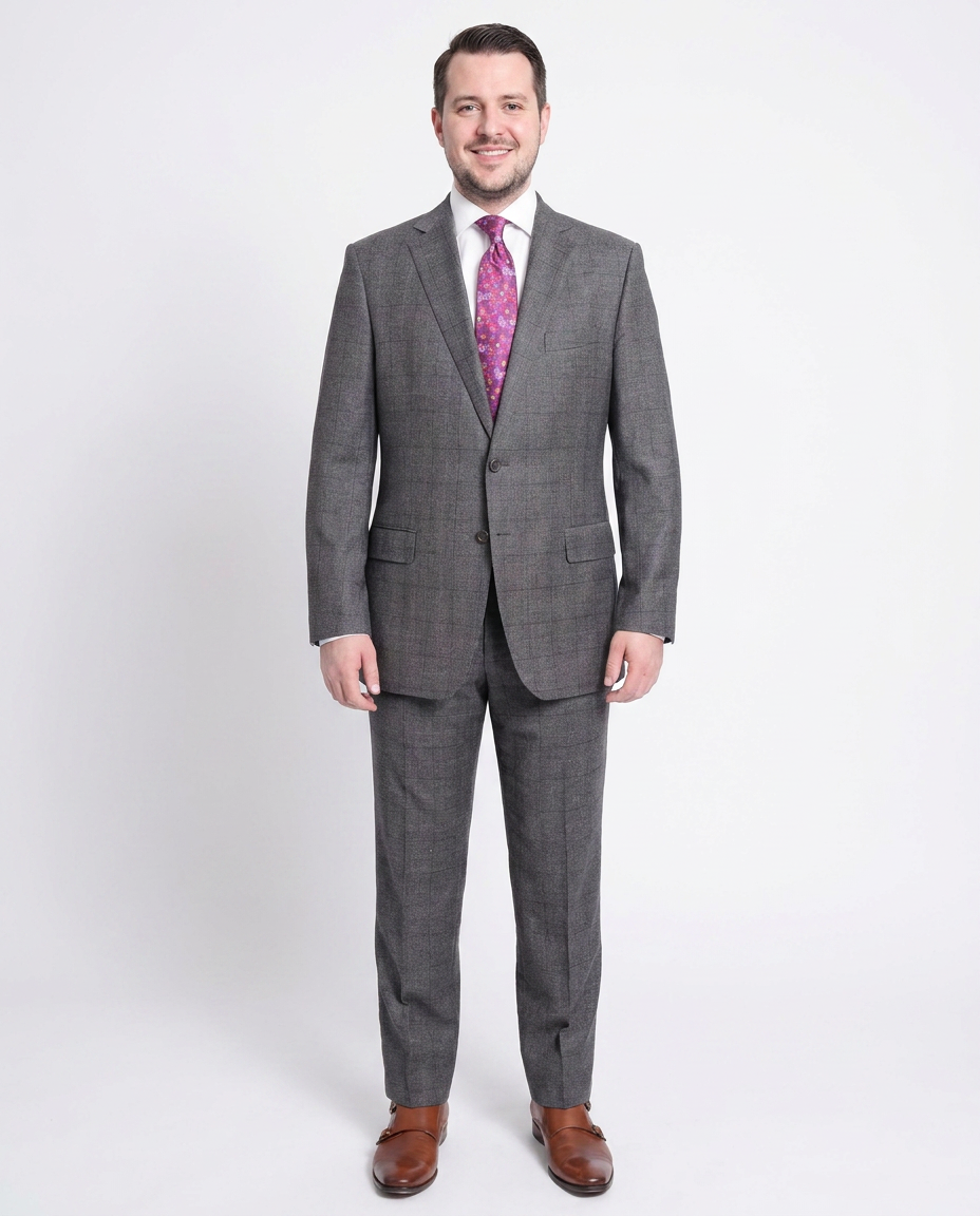Men's Classic Fit Gray Plaid Windowpane 2-Button Wool Suit