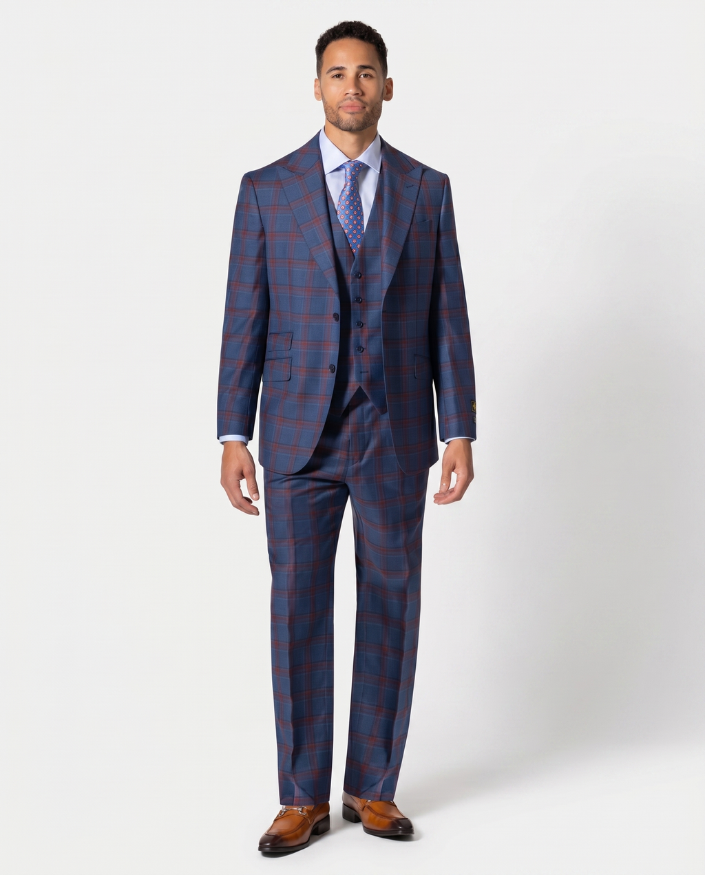 Men's Blue Plaid Classic Fit Wool 3-Piece Suit & Peak Lapels