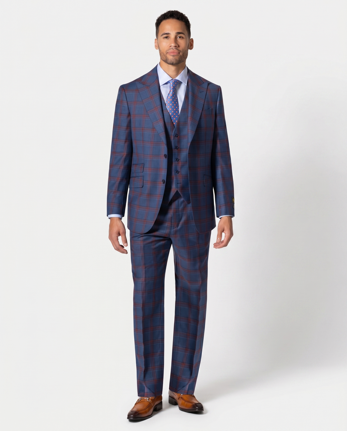 Men's Blue Plaid Classic Fit Wool 3-Piece Suit & Peak Lapels
