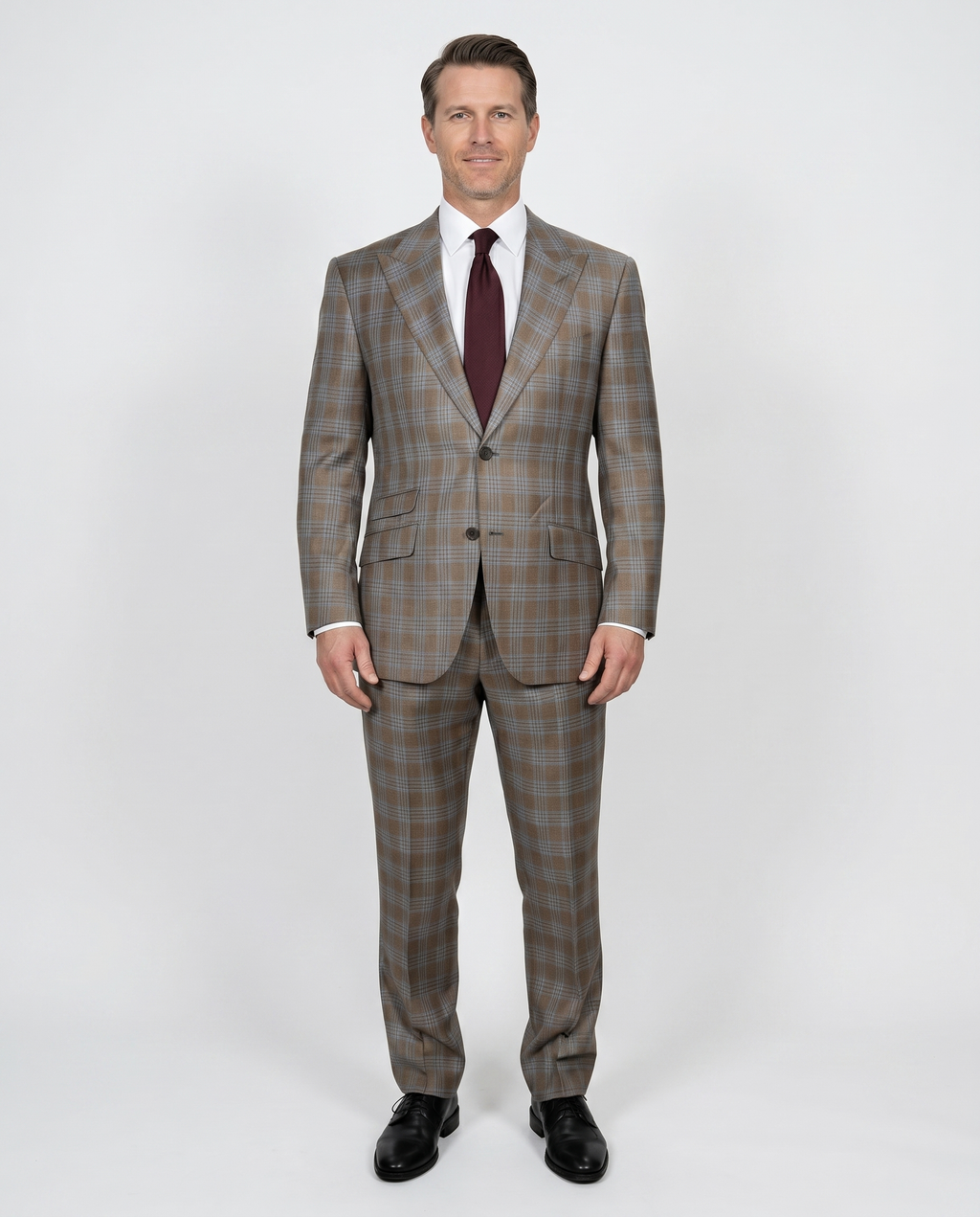 Men's Beige Light Blue Plaid Slim Fit Peak Lapel Wool 2-Button Suit