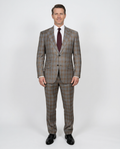 Men's Beige Light Blue Plaid Slim Fit Peak Lapel Wool 2-Button Suit