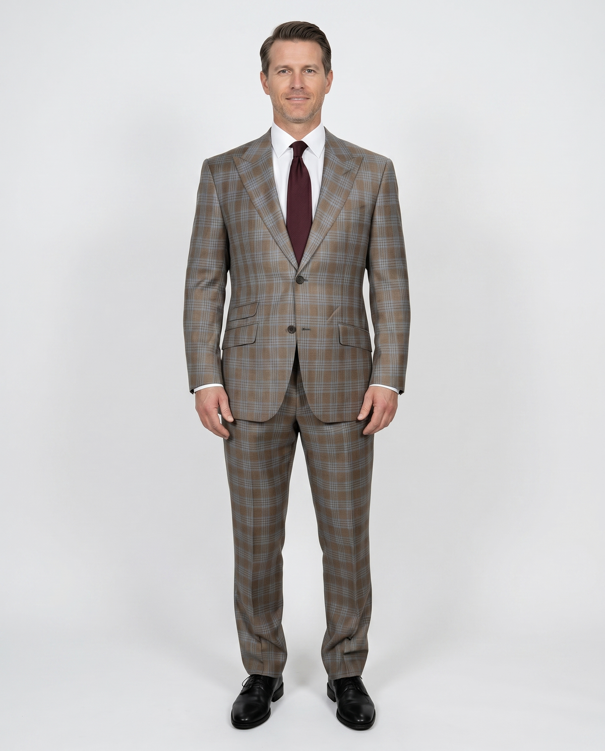 Men's Beige Light Blue Plaid Slim Fit Peak Lapel Wool 2-Button Suit