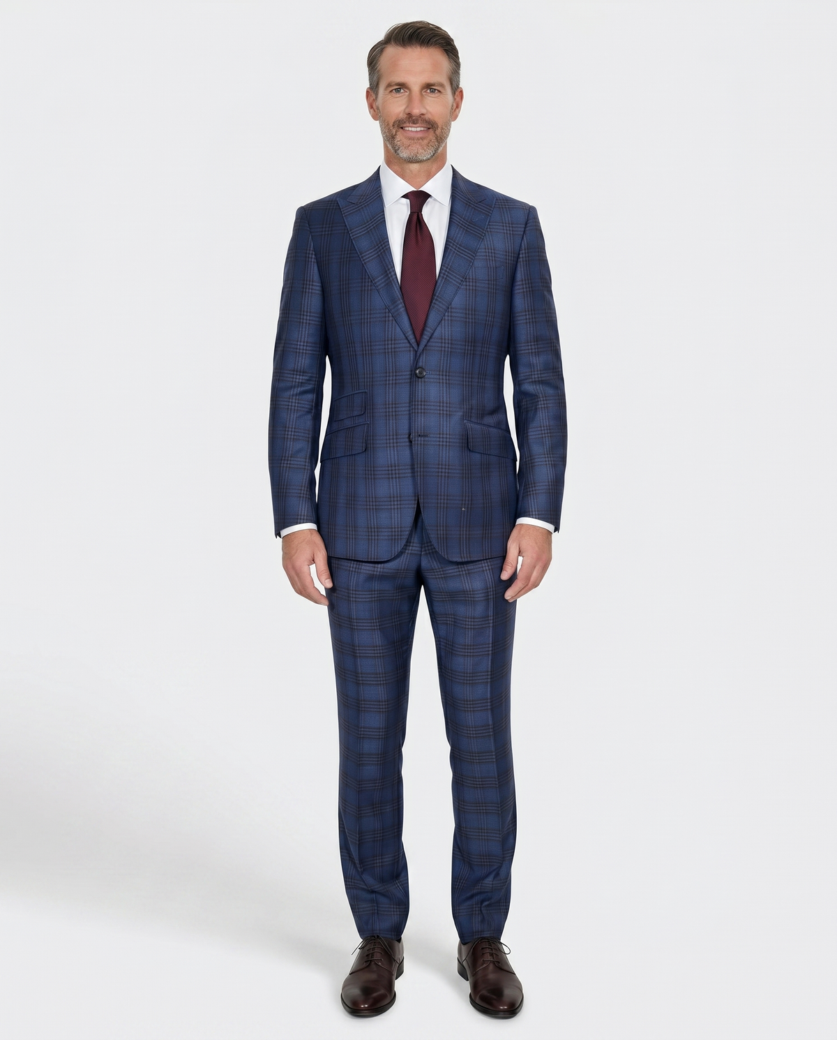 Men's Blue Burgundy Plaid Slim Fit Peak Lapel Wool 2-Button Suit