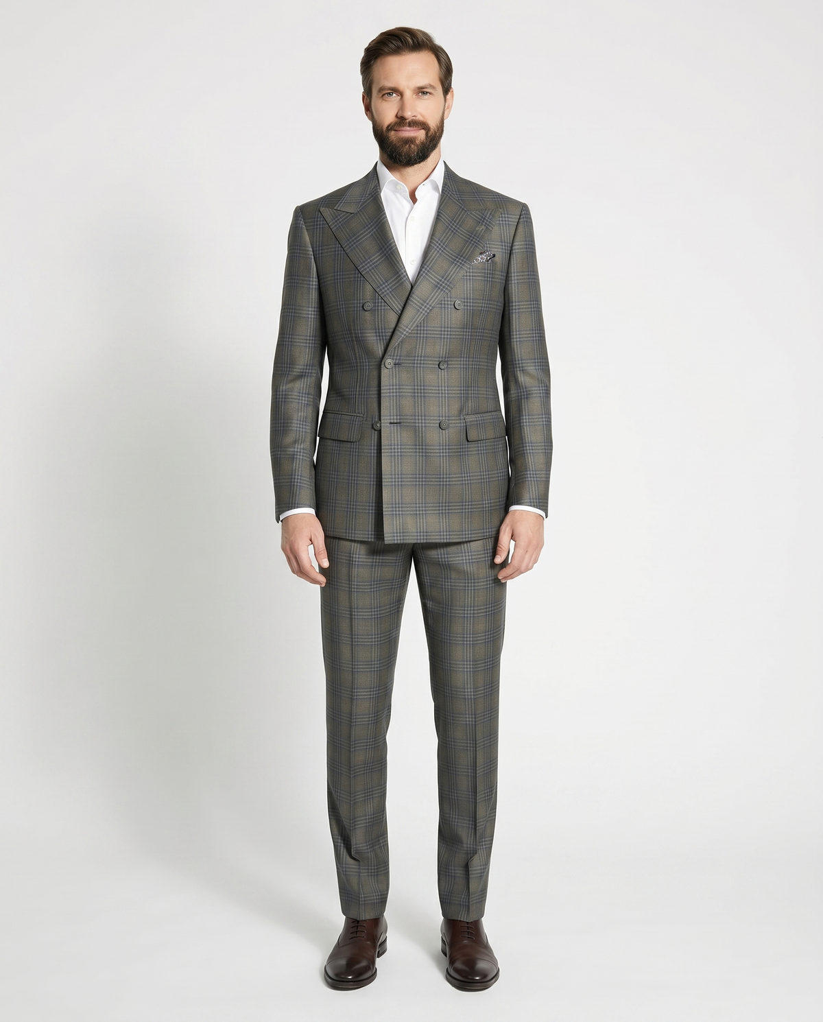 Men's Green Blue Plaid Double Breasted Modern Fit Wool 2-Button Suit