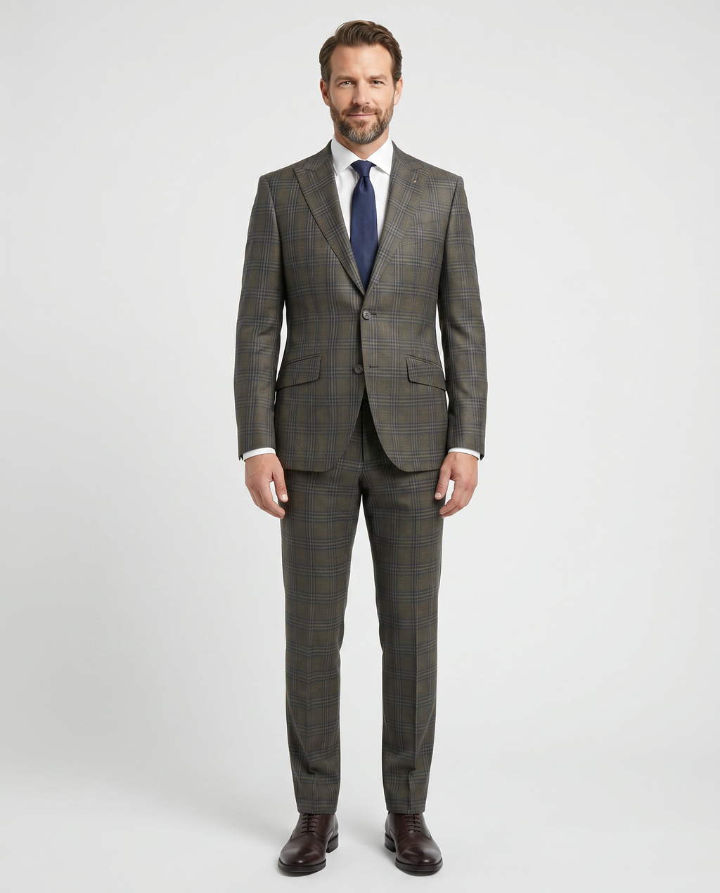 Men's Green Blue Plaid Modern Fit Peak Lapel Wool 2-Button Suit