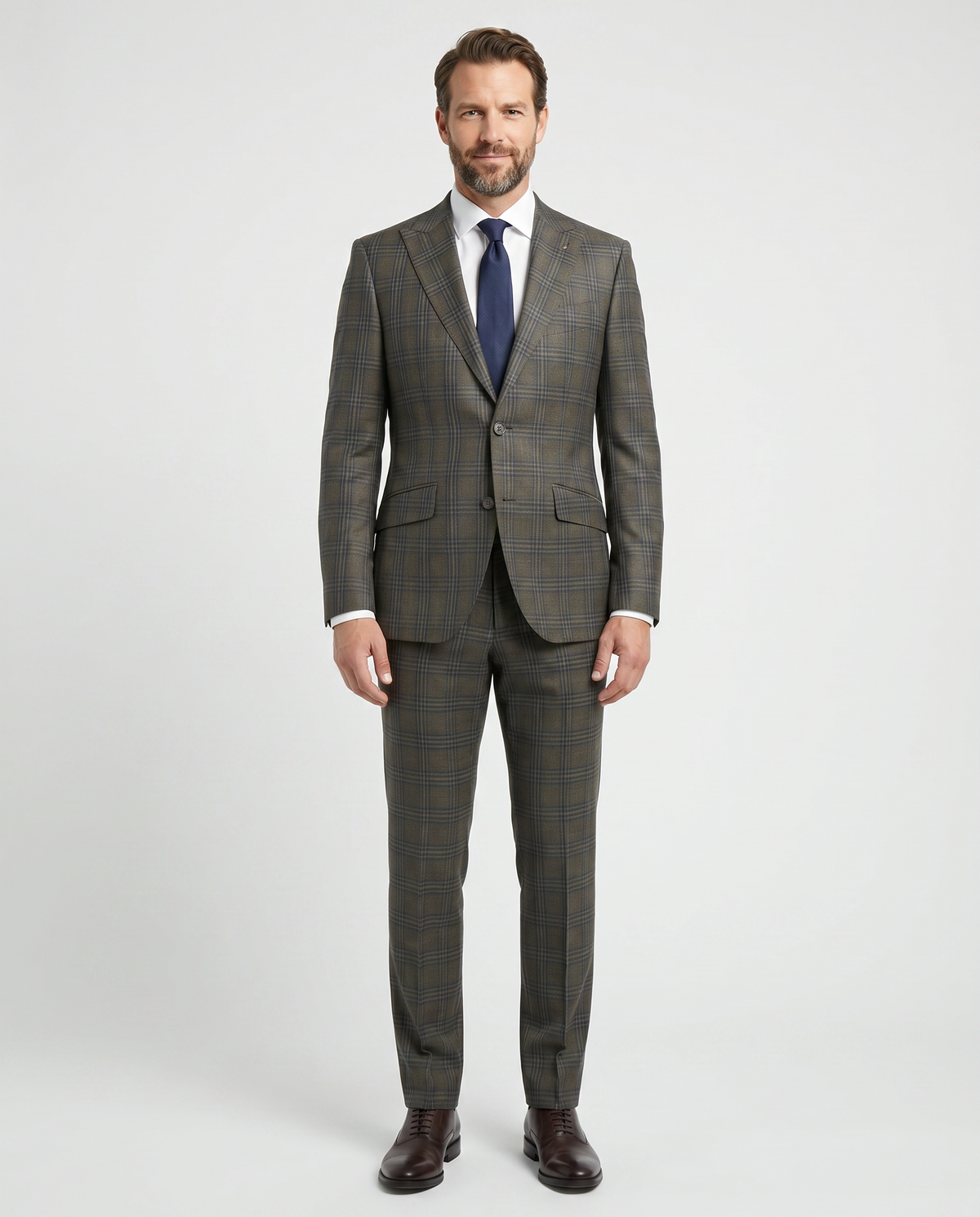 Men's Green Blue Plaid Modern Fit Peak Lapel Wool 2-Button Suit