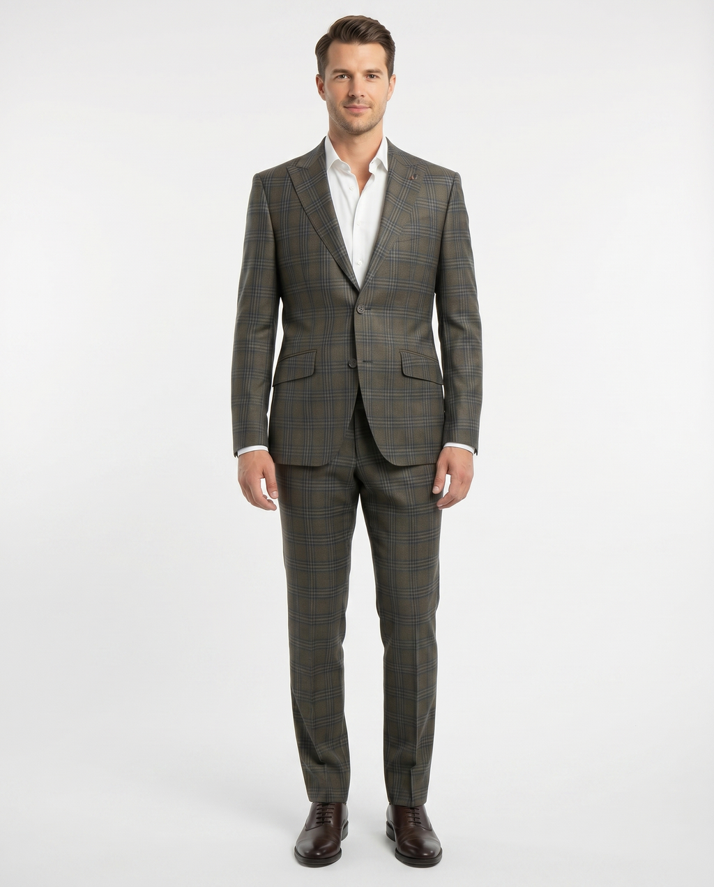 Men's Green Blue Plaid Slim Fit Peak Lapel Wool 2-Button Suit