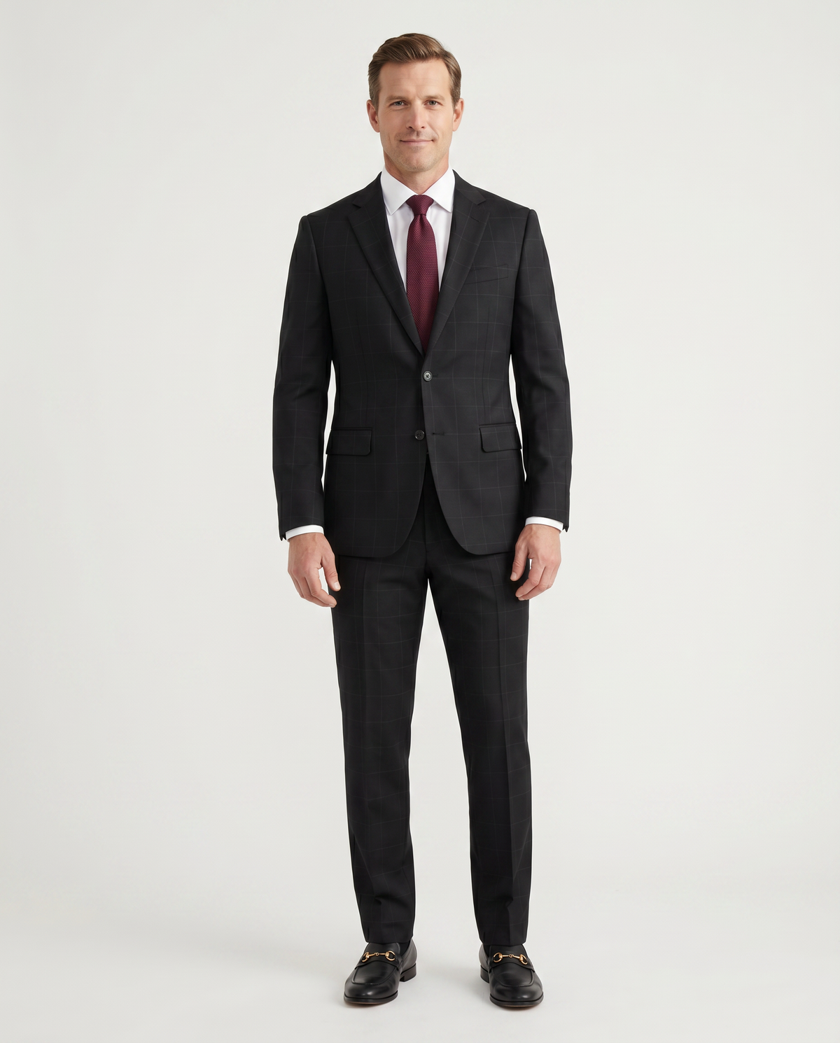 Men's Black Subtle Windowpane Modern Fit Wool 2-Button Suit