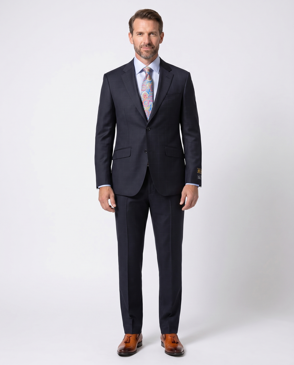 Men's Navy Subtle Windowpane Modern Fit Notch Lapel Wool 2-Button Suit