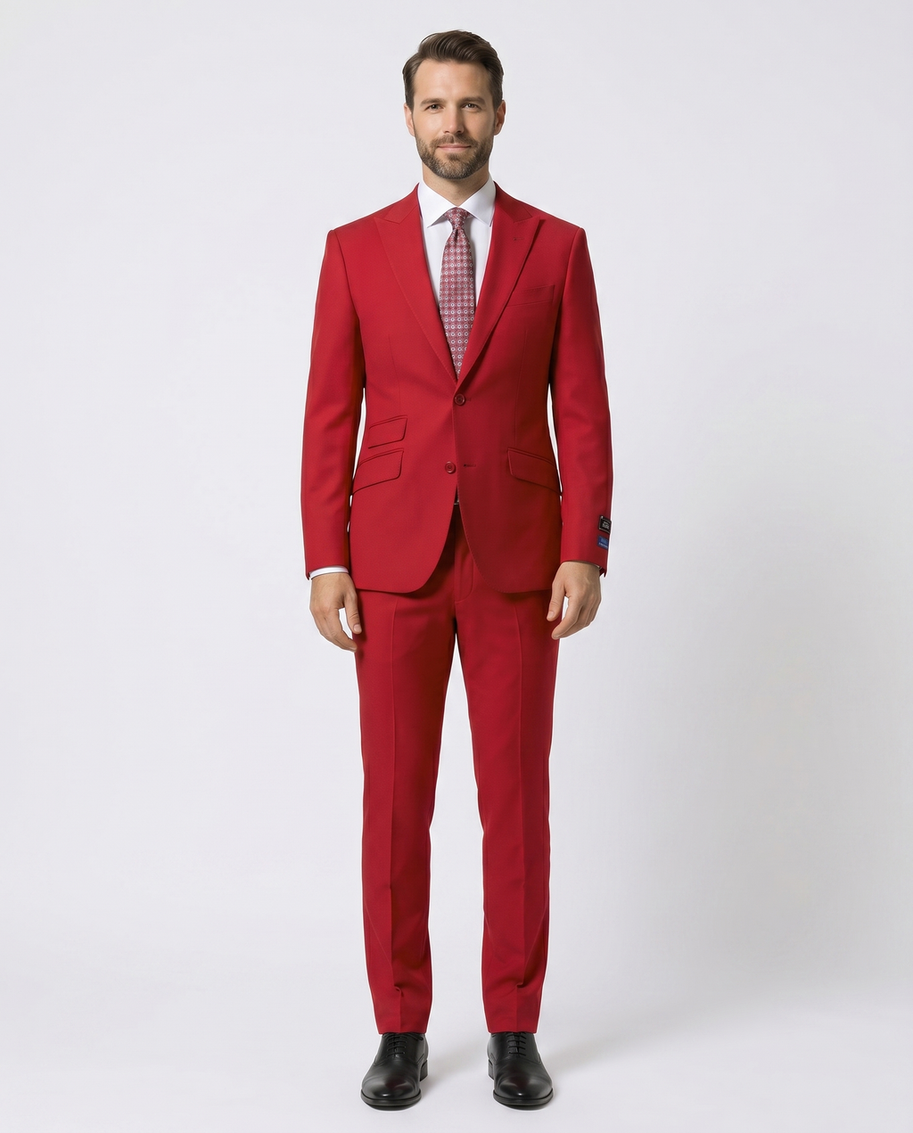 Men's Solid Red Modern Fit Peak Lapel Wool 2-Button Suit