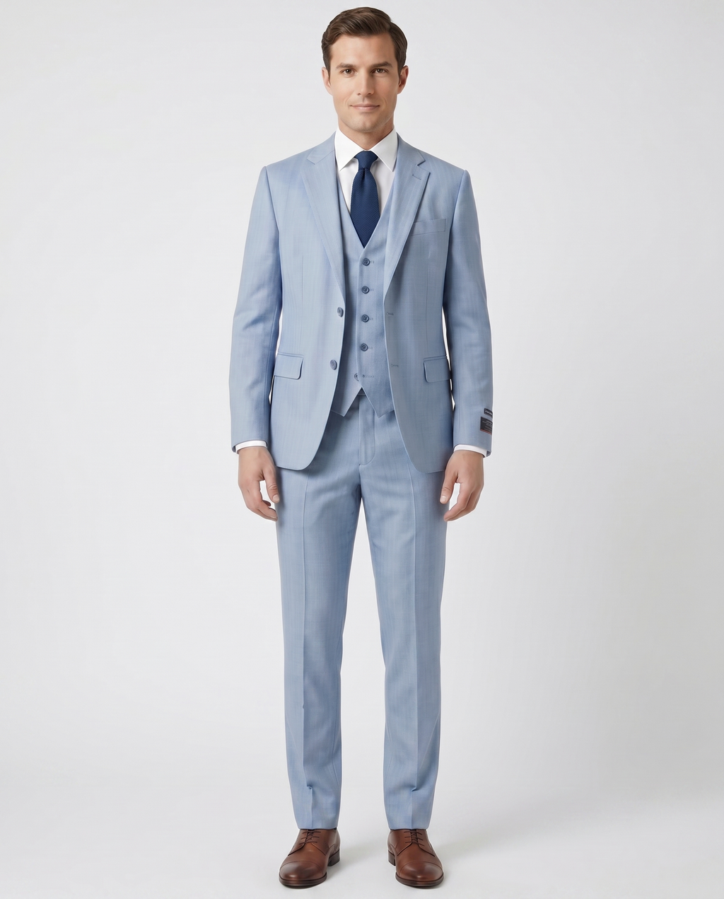 Men's Blue Herringbone Slim Fit Notch Lapel Stretch 3-Piece Suit