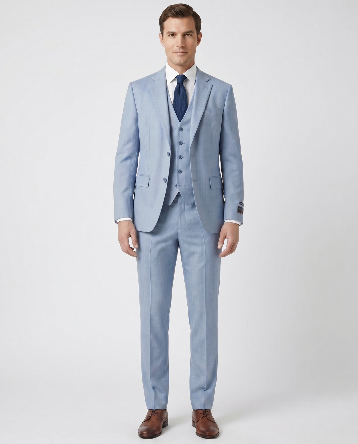 Men's Blue Herringbone Slim Fit Notch Lapel Stretch 3-Piece Suit
