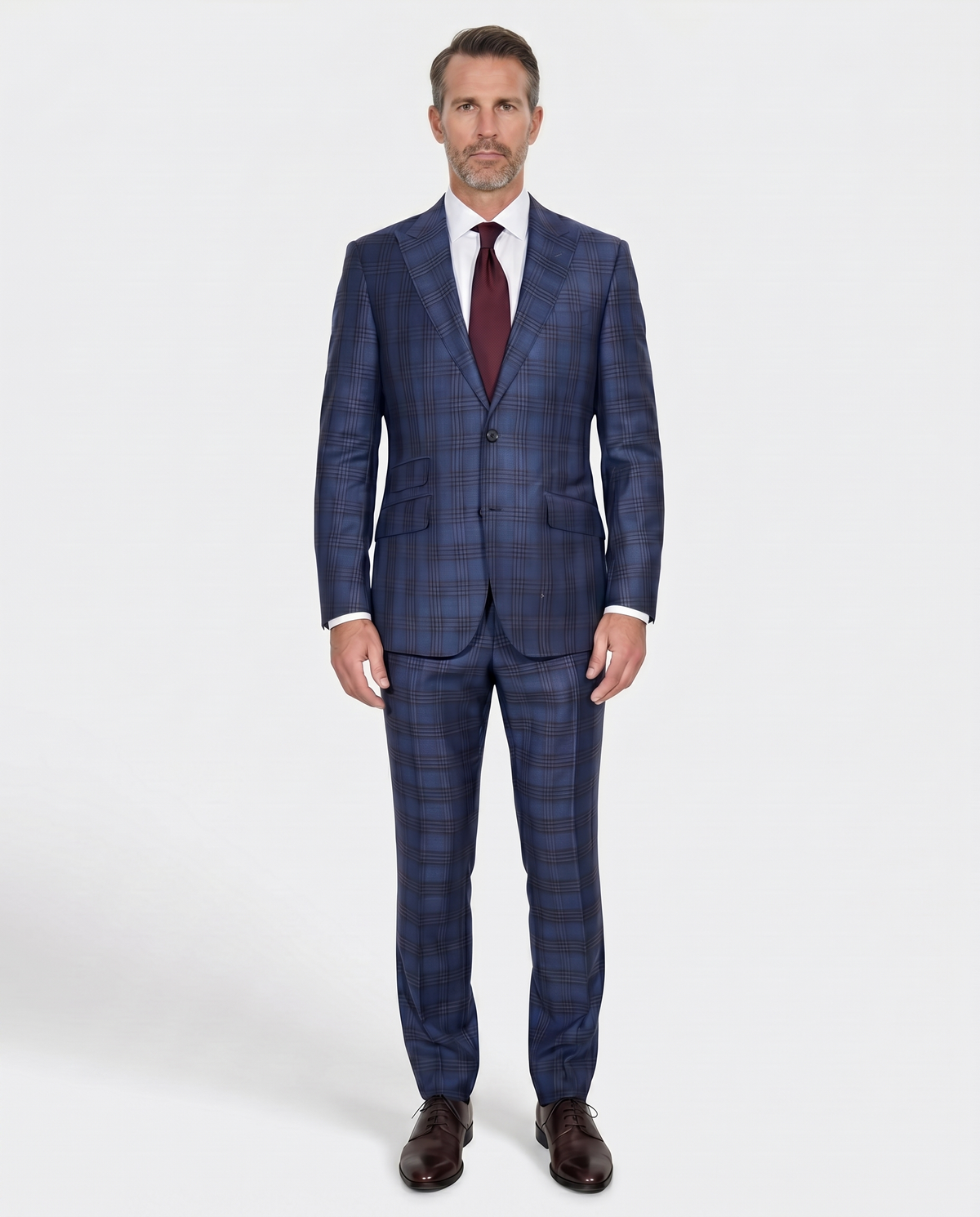 Men's Blue Burgundy Plaid Modern Fit Peak Lapel Wool 2-Button Suit
