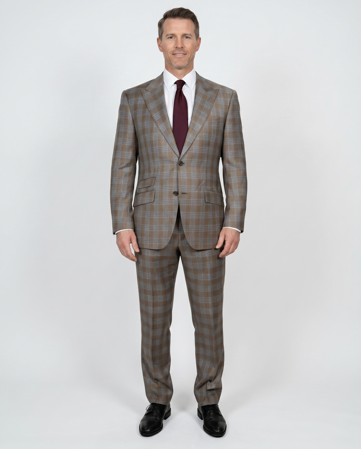Men's Beige Light Blue Plaid Modern Fit Peak Lapel Wool 2-Button Suit