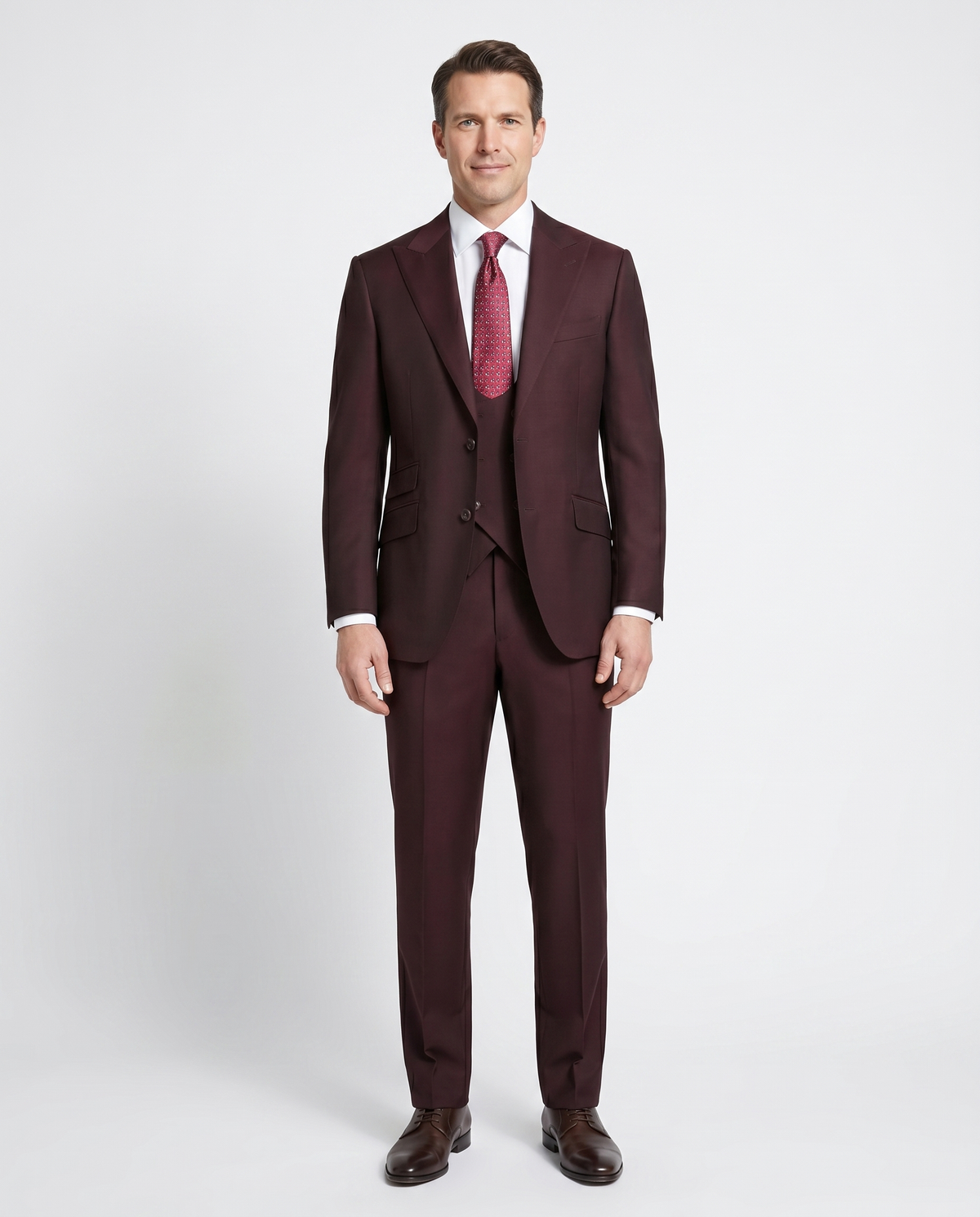 Men's Burgundy Wool Classic Fit Vested Suit Peak Lapel