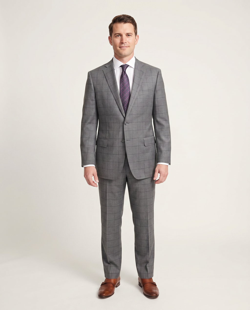 Men's Classic Fit Gray Plaid Windowpane Half Canvassed Wool Suit