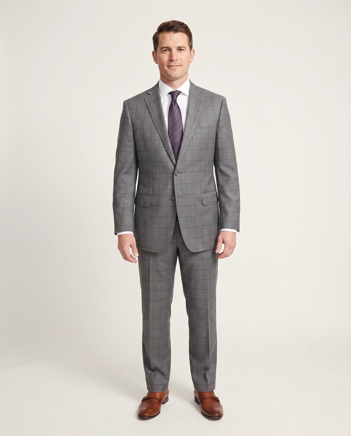 Men's Classic Fit Gray Plaid Windowpane Half Canvassed Wool Suit