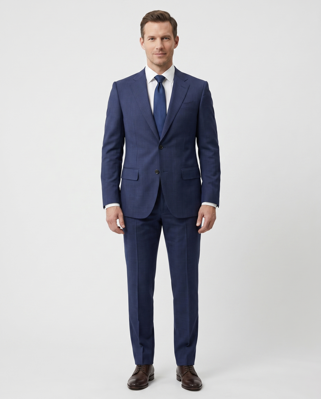 Men's Navy Windowpane Classic Fit Half Canvassed Wool 2-Button Suit