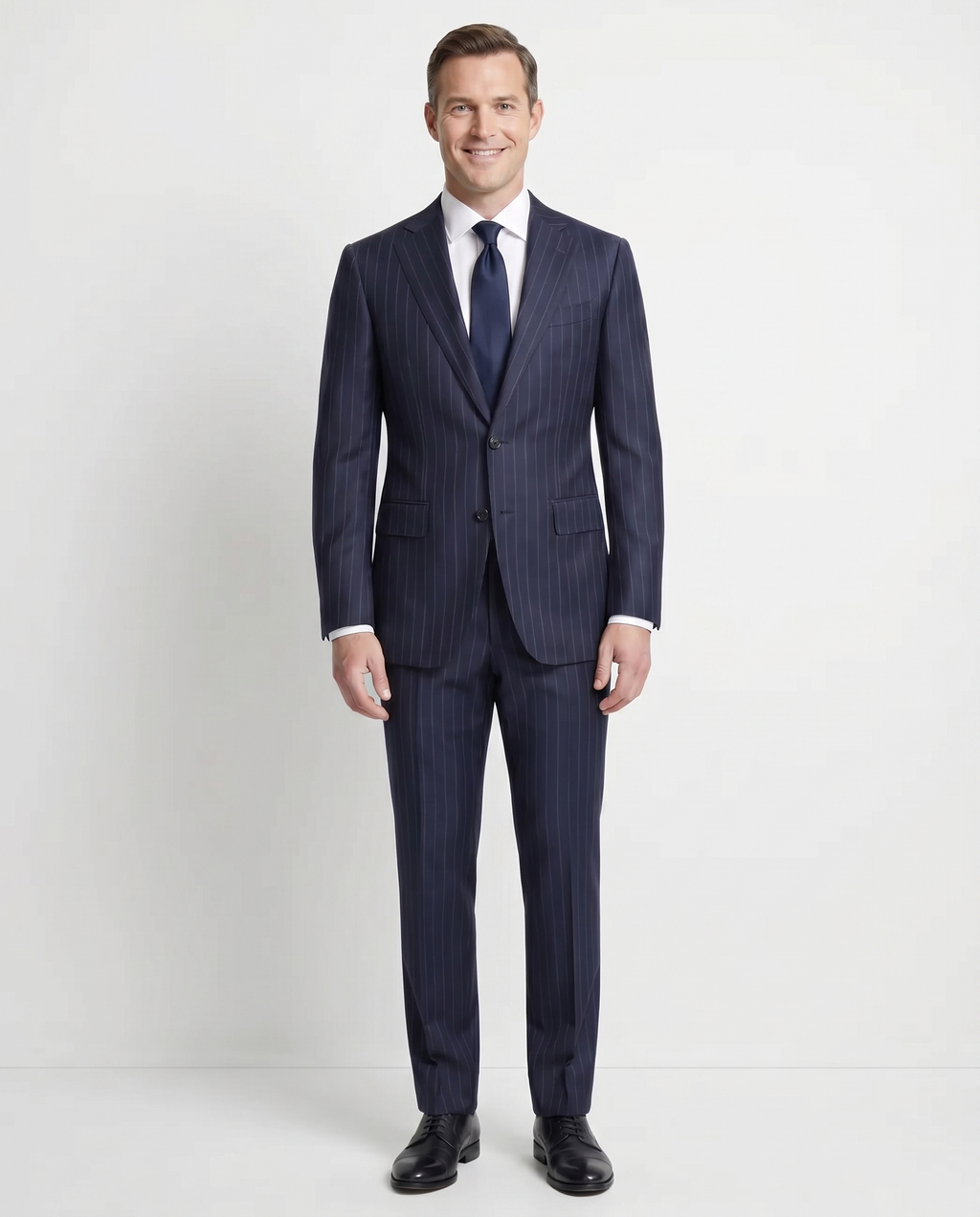 Men's Navy Pinstriped Classic Fit Half Canvassed Wool 2-Button Suit