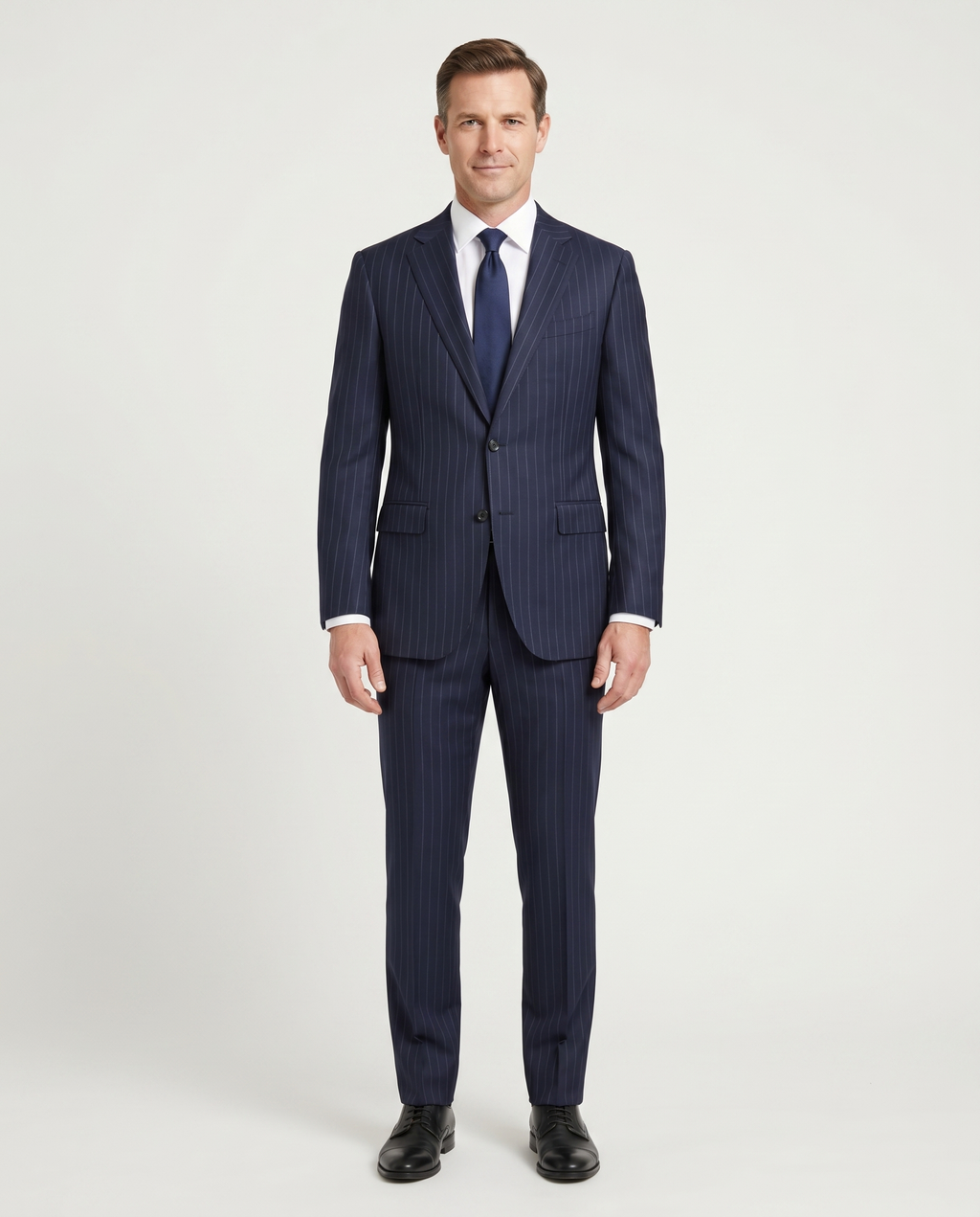 Men's Navy Pinstriped Slim Fit Half Canvassed Wool 2-Button Suit