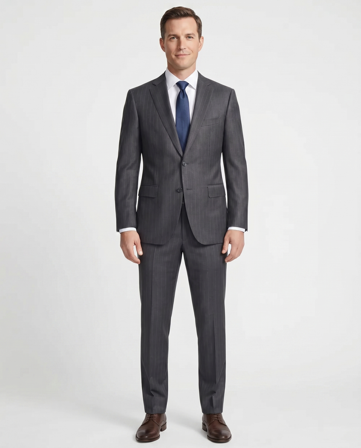 Men's Charcoal Gray Pinstriped Classic Fit Wool 2-Button Suit