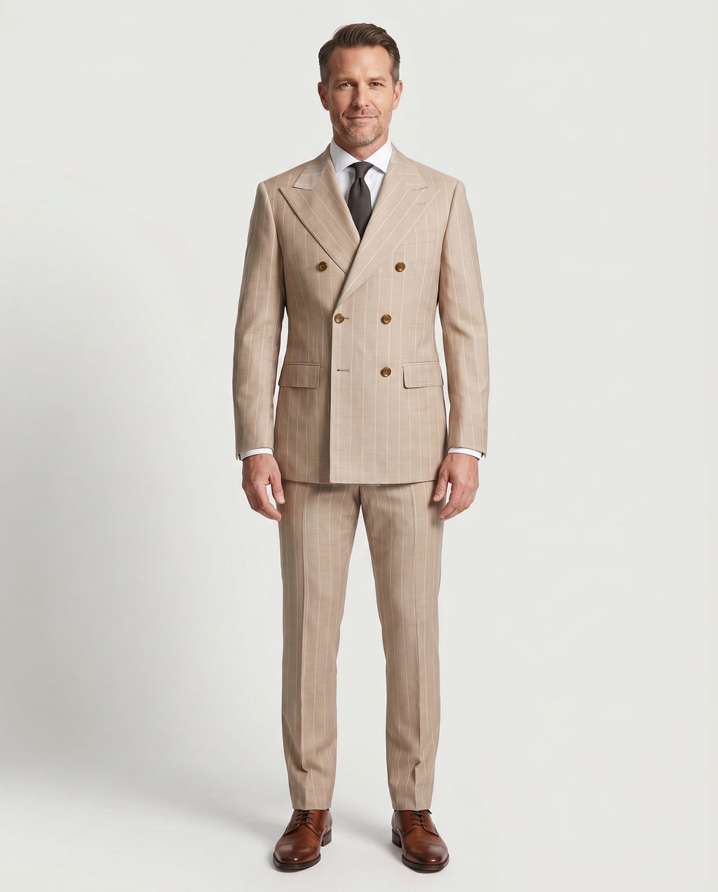 Men's Beige Pinstripe Modern Fit Peak Lapel Double Breasted Wool Suit