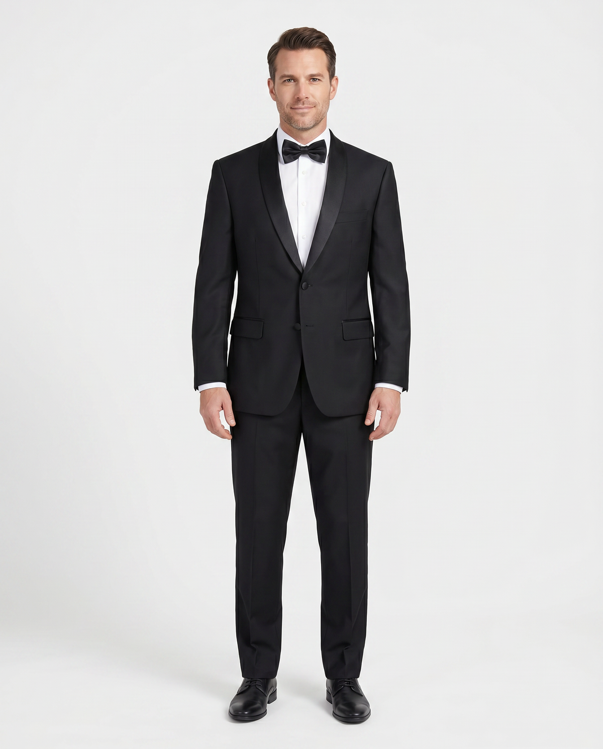 Men's Solid Black Satin Shawl Lapel Classic Fit 2-Button Tuxedo