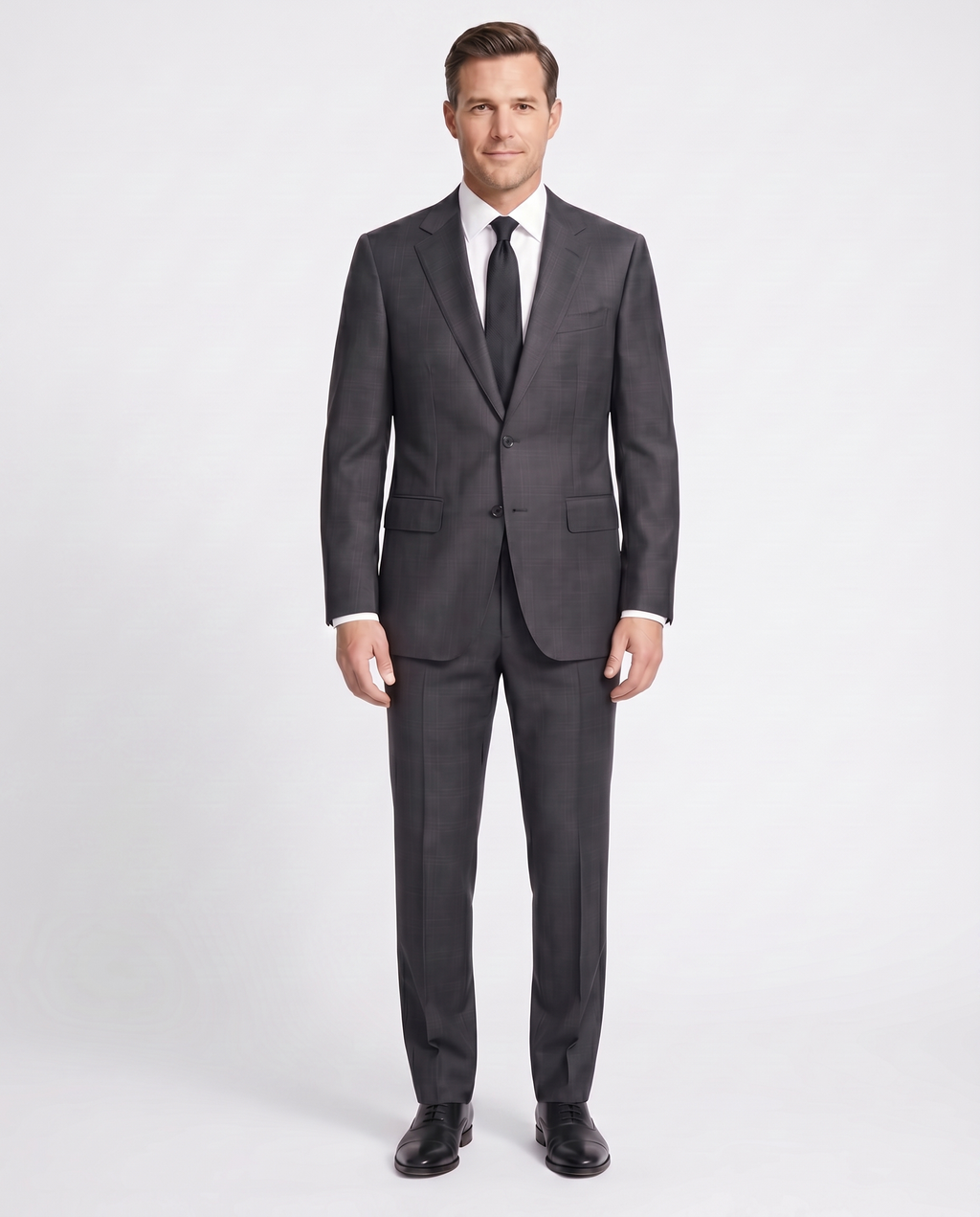 Men's Charcoal Gray Windowpane Classic Fit Wool 2-Button Suit