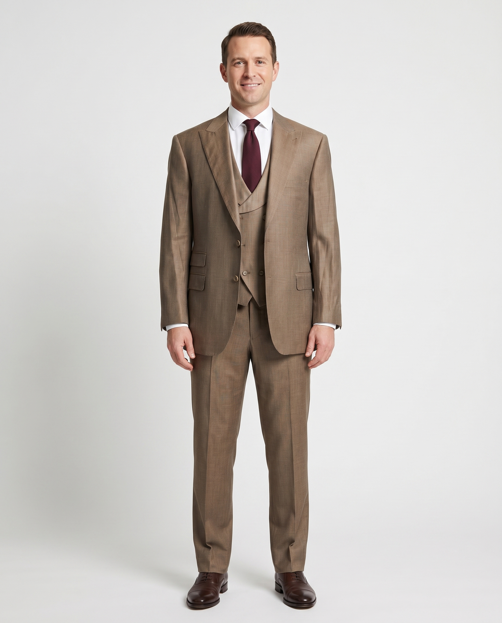 Men's Camel Tan Classic Fit Peak Lapels Wool 3-Piece Suit