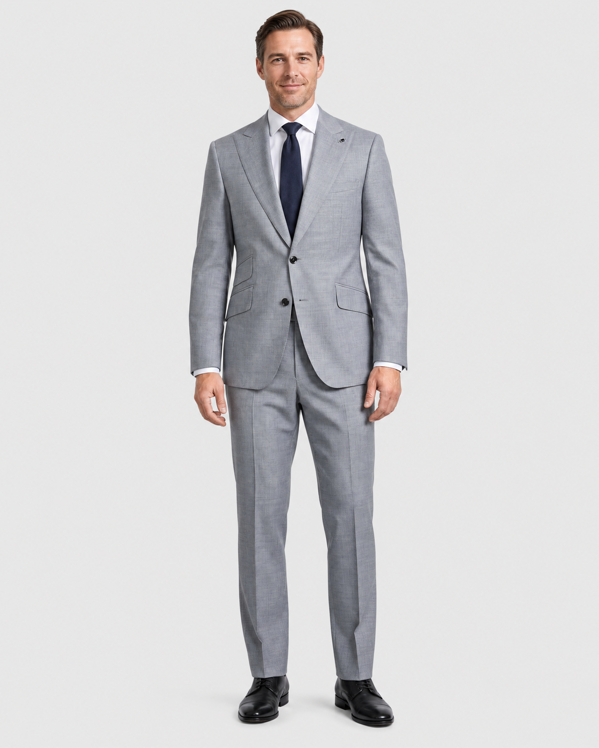 Men's Black Gabardine Solid Grey Slim Fit 2-Button Wool Suit