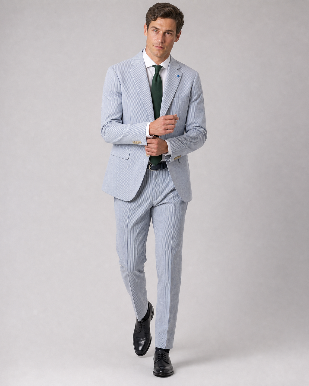 Men's Azure Blue Cotton Regular Fit Seersucker Suit