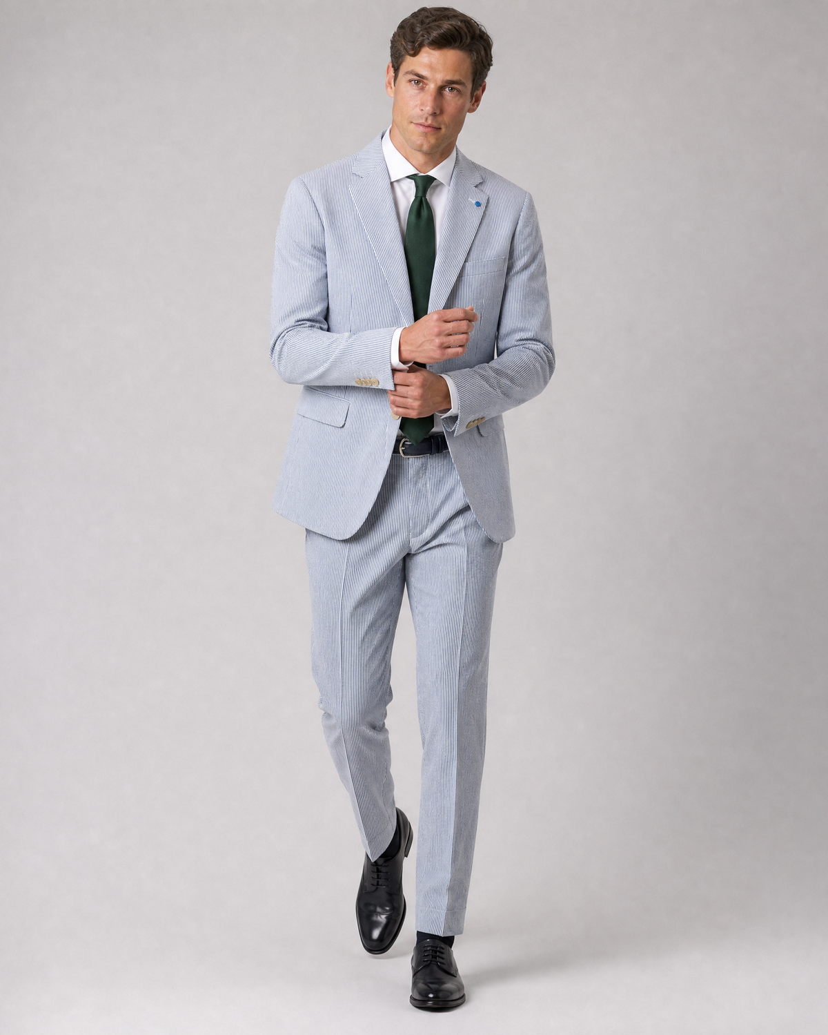 Men's Azure Blue Cotton Regular Fit Seersucker Suit