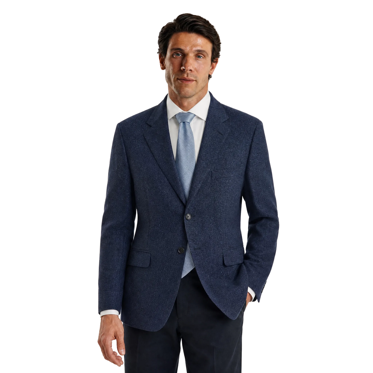 Men's Navy Blue Shantung Weave Silk Wool Blend 3-Button Sport Coat