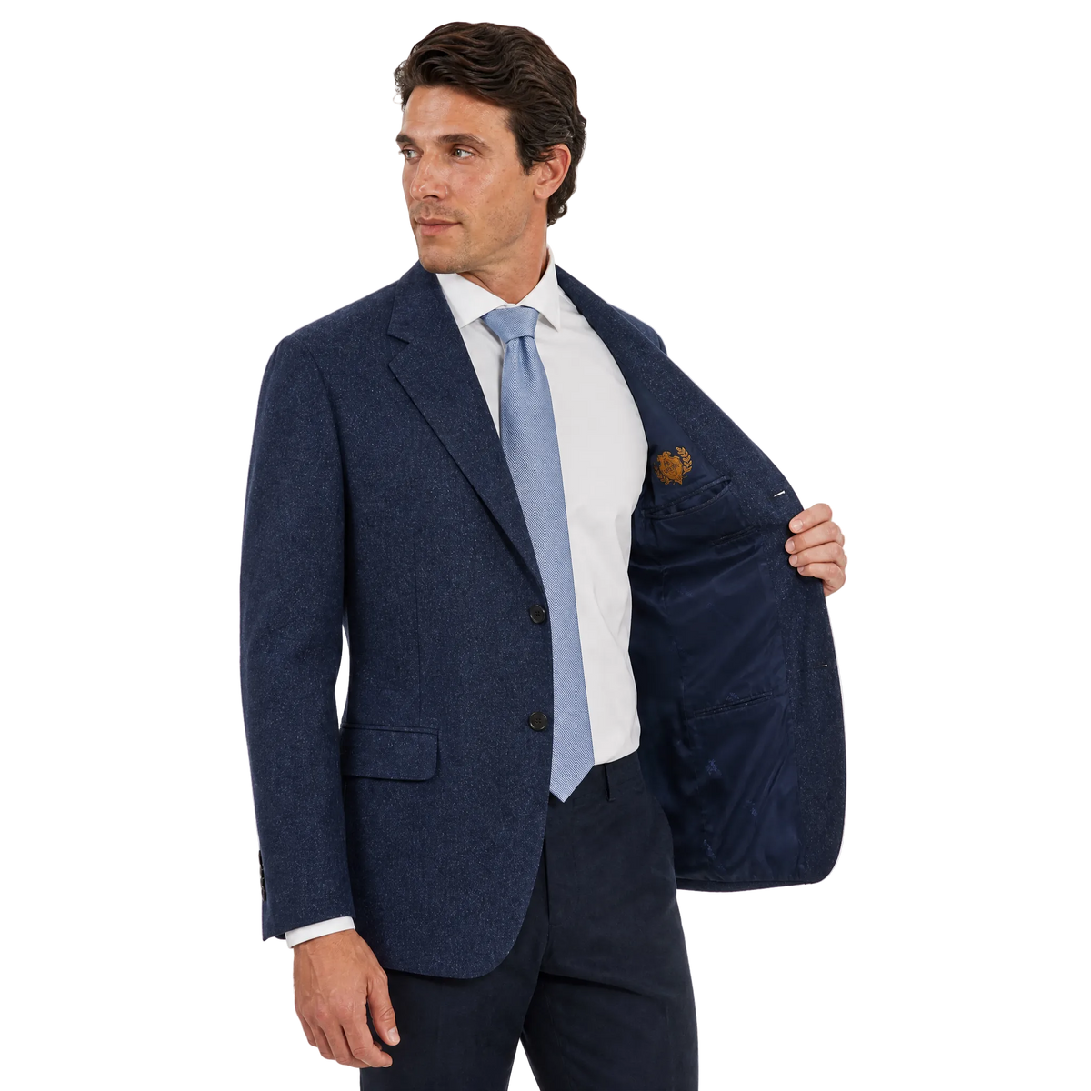 Men's Navy Blue Shantung Weave Silk Wool Blend 3-Button Sport Coat