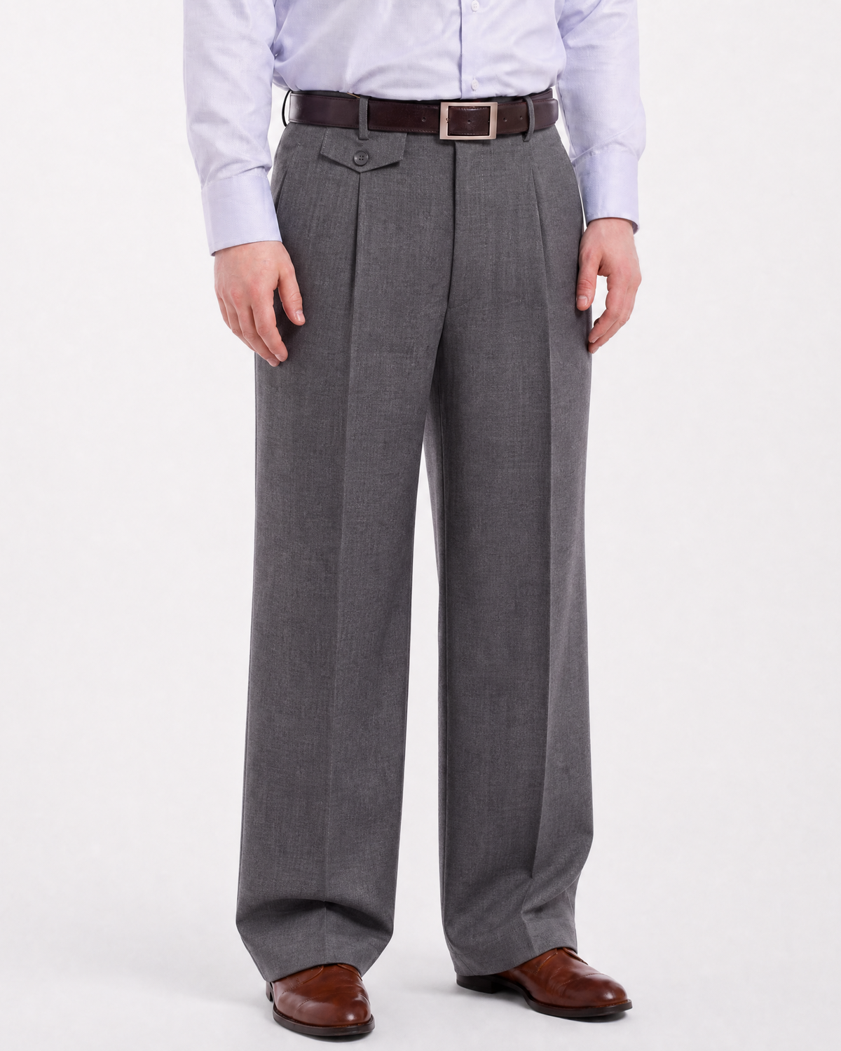 Men's Classic Fit Gray Heather Pleated Wide Leg Wool Dress Pants