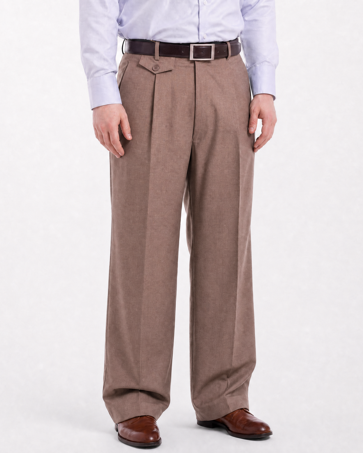 Men's Classic Fit Solid Taupe Single Pleated Wide Leg Wool Dress Pants