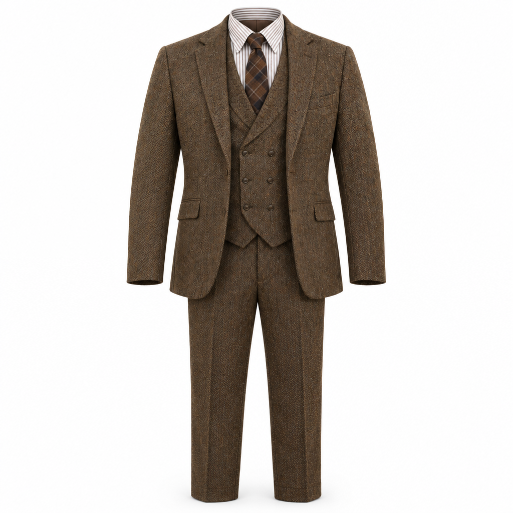Brown Herringbone Tweed Three-Piece Suit
