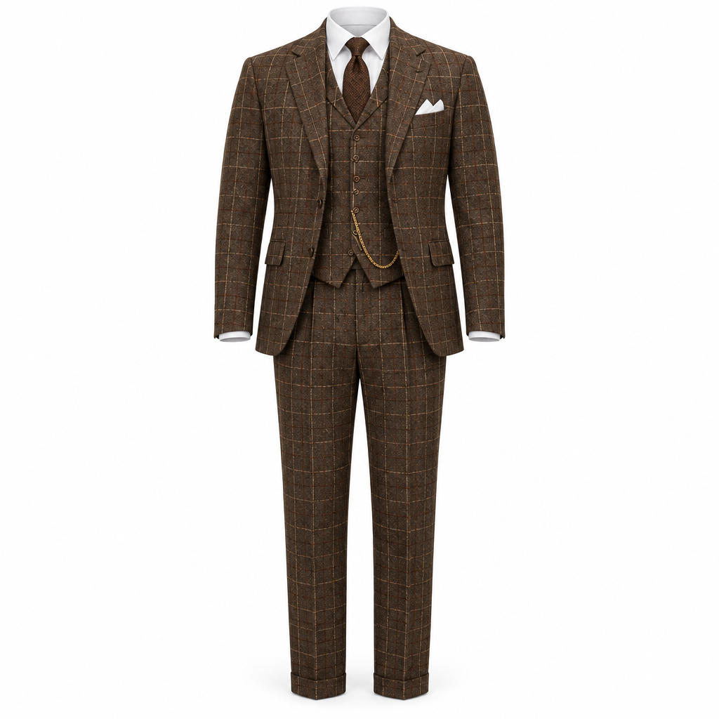 Brown Windowpane Three-Piece Suit