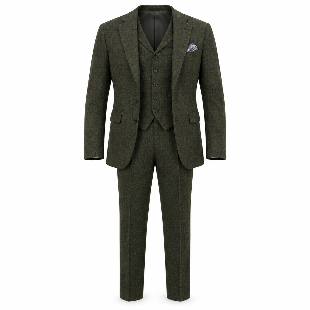 Olive Green Tweed Three-Piece Suit