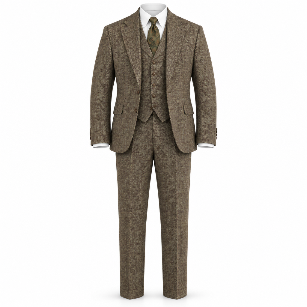 Taupe Herringbone Tweed Three-Piece Suit