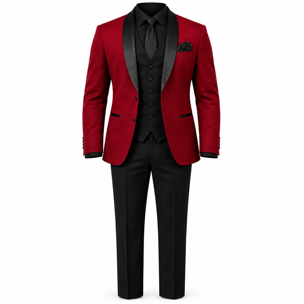 Burgundy and Black Three-Piece Shawl Tuxedo